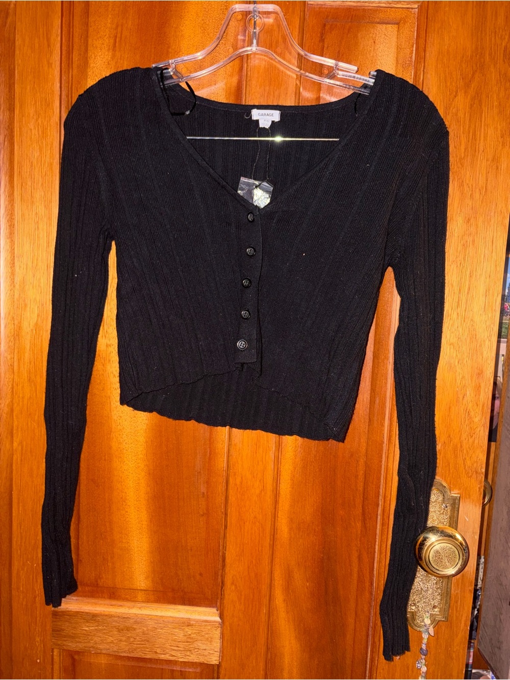 Garage Black Ribbed Button-Up Cropped Cardigan